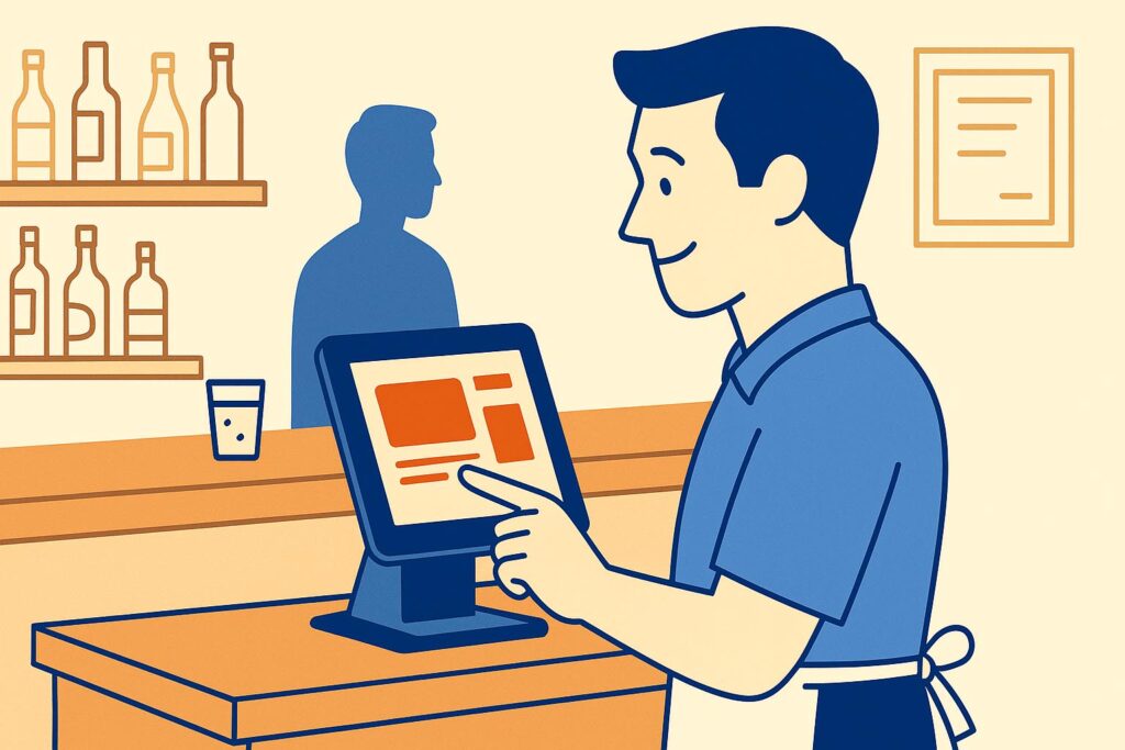 Ilustración vectorial de un camarero en un bar interactuando con un TPV moderno, representando el proceso de elección de un sistema de punto de venta para hostelería.