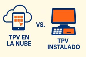 Ilustración comparativa entre TPV en la nube y TPV instalado: a la izquierda, una tablet con icono de carrito dentro de una nube; a la derecha, un terminal físico con pantalla y teclado, representando dos tipos de sistemas de punto de venta.