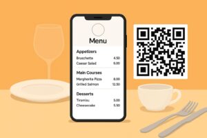 Móvil sobre la mesa de un restaurante mostrando una carta digital, junto a un soporte con código QR