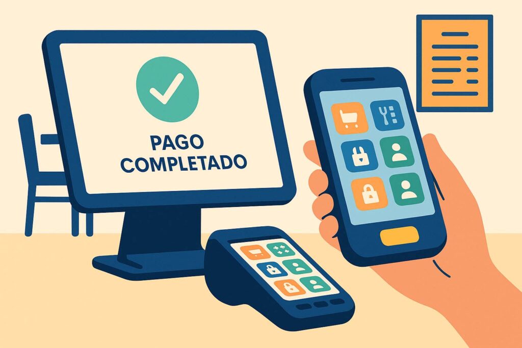 Dispositivo de comandero con apps de gestión y TPV mostrando pago completado en pantalla.