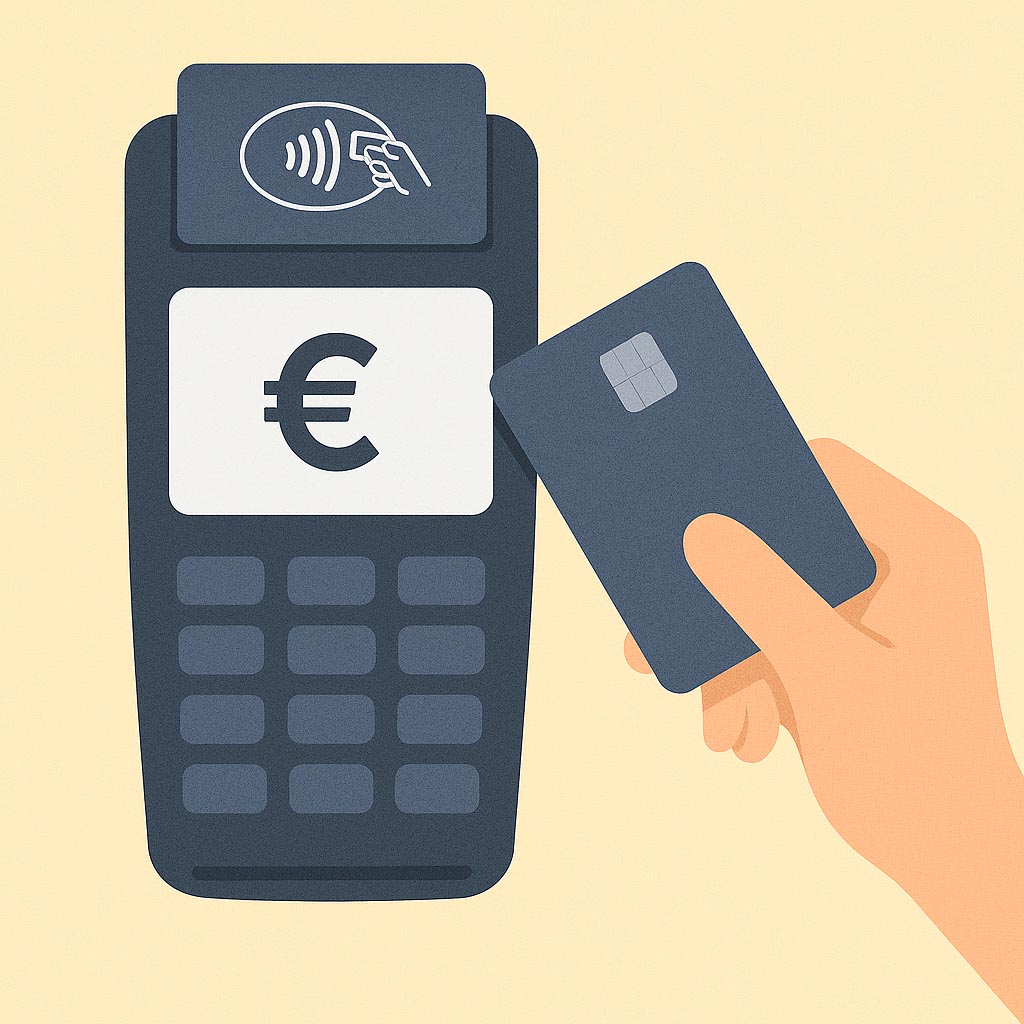 Mano acercando tarjeta bancaria a un datáfono con símbolo NFC para realizar pago sin contacto.