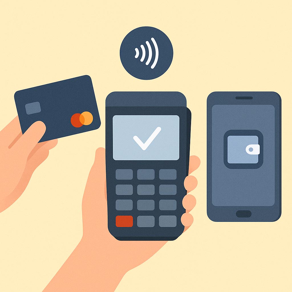 Terminal de punto de venta mostrando confirmación de pago, junto a una tarjeta y un móvil con billetera digital.