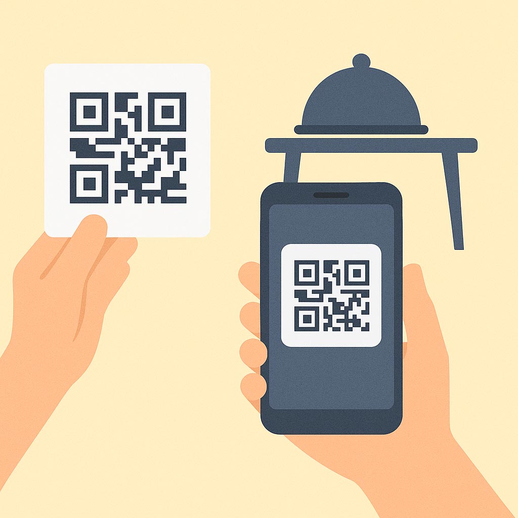 Pago en mesa escaneando un código QR con el móvil en un entorno de restaurante.