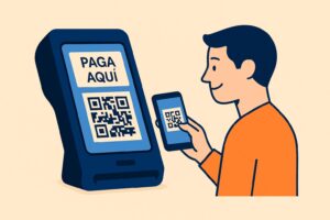 Ágora Payments - Cliente escaneando un código QR en un TPV para realizar el pago con el móvil en un restaurante.