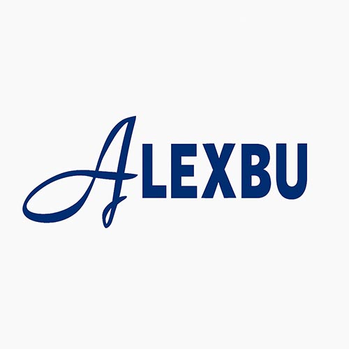 Logo de Alexbu con letra A caligráfica y texto en azul sobre fondo blanco