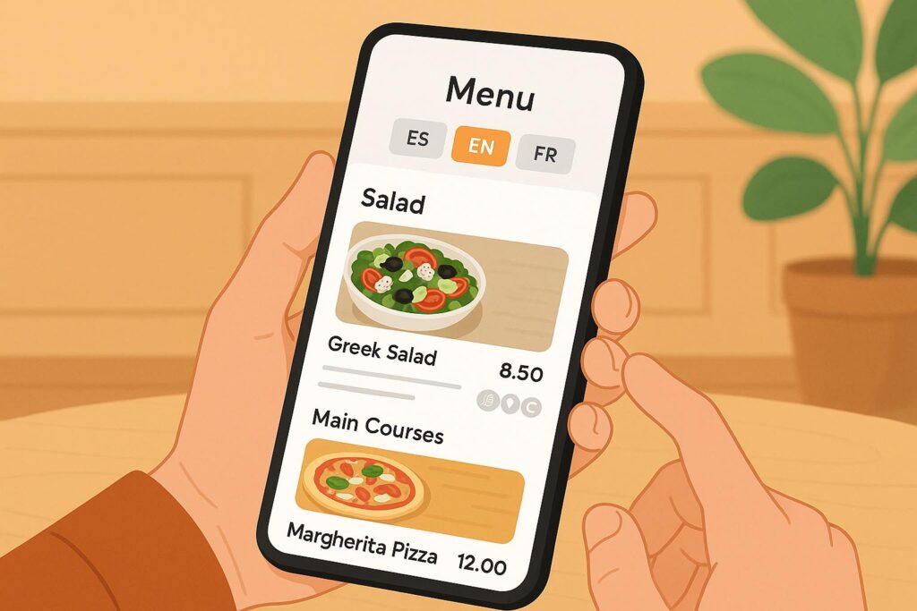 Pantalla de un móvil mostrando un menú digital con idiomas, iconos de alérgenos y fotografías de platos