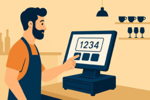 Empleado fichando en un TPV con Ágora Software en un entorno de hostelería.