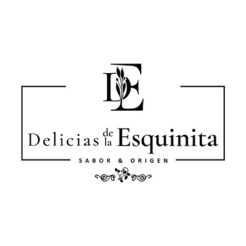 Logotipo elegante de Delicias de la Esquinita con inicial decorativa y texto en serif negro