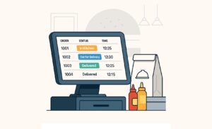Pantalla de TPV con listado de pedidos a domicilio y estados como “en cocina” o “entregado”