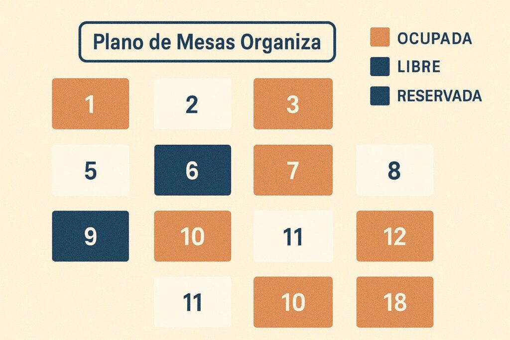 Plano de mesas con estado de reserva: ocupadas, libres y reservadas