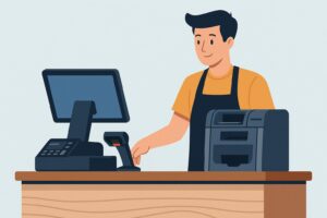Empleado cobrando en TPV con cajón automático Cashlogy integrado con Ágora Software