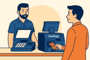 "Cliente pagando en cajón automático Cashlogy integrado en TPV de ECR Equipamientos Albacete"