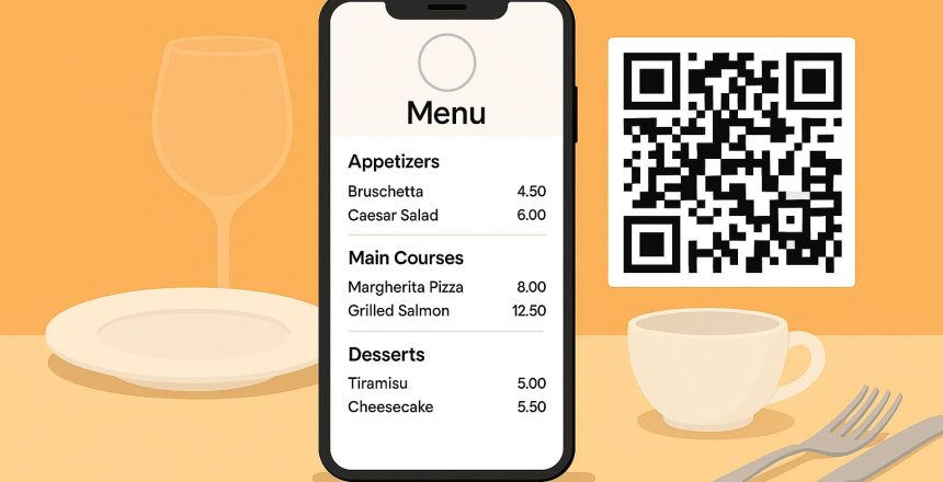 Móvil sobre la mesa de un restaurante mostrando una carta digital, junto a un soporte con código QR