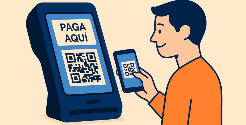 Ágora Payments - Cliente escaneando un código QR en un TPV para realizar el pago con el móvil en un restaurante.