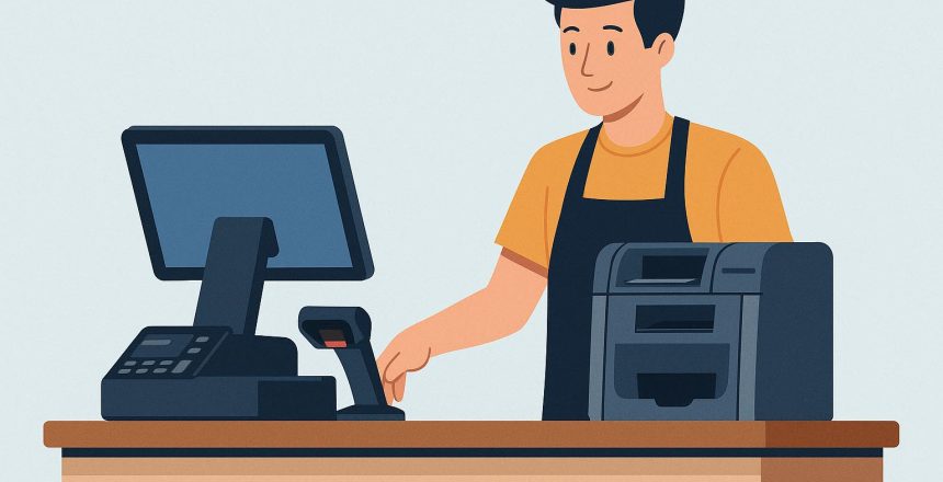 Empleado cobrando en TPV con cajón automático Cashlogy integrado con Ágora Software