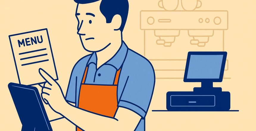 Ilustración vectorial de un camarero revisando un TPV en un bar, con fondo crema y estilo moderno, representando la elección de un sistema de punto de venta adecuado.